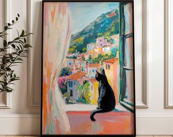 Black Cat in Window Poster, Minimalist Cat Decor, Impressionist Wall Art, Pastel Print, Cat Lover Gift, Cat Wall Art, UNFRAMED