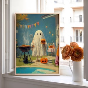 Summerween Ghost BBQ Poster, Cute Ghost Grilling with Black Cat, Spooky Cute Halloween Pool Party Wall Art, UNFRAMED