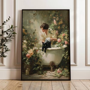 Lady & Black Cat Bath Art Print, Woman Washing Cat in Tub, Bathroom Decor, Moody Floral Cat Lover Gift, Cottagecore Cat Lover Gift, UNFRAMED