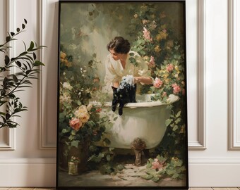 Könnte beinhalten: Gerahmter Kunstdruck, der eine Frau zeigt, die eine schwarze Katze in einer Badewanne mit Löwenfüßen badet. Die Szene ist von Rosen und Grün umgeben und schafft eine romantische Ästhetik. Das Kunstwerk ist vor einer weißen Wand platziert.