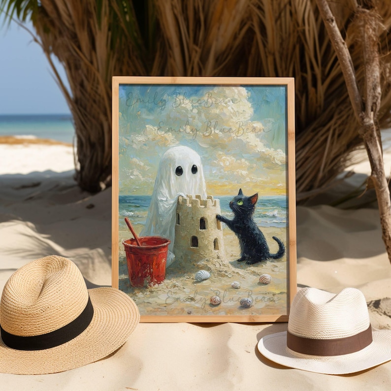 Decoración de pared playera de Summerween con fantasma y gato negro, lindo fantasma construyendo un castillo de arena con un gato negro, decoración costera de Halloween, SIN MARCO imagen 2