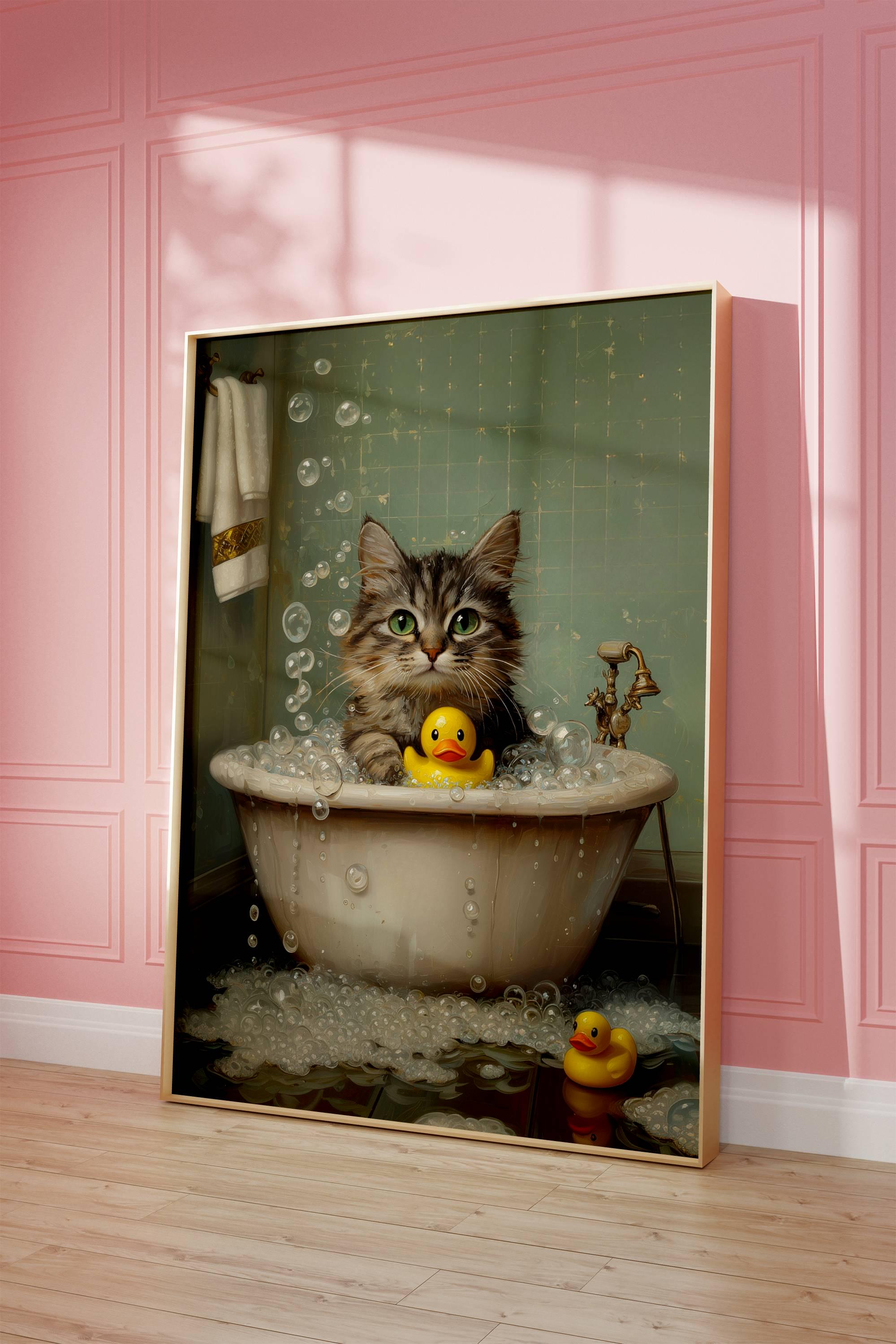 Tabby Kitten in Bubble Bath Poster, Cute Cat Bathroom Decor, Cat Lover ...