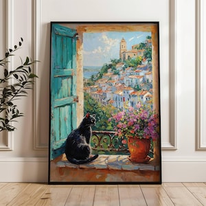 Black Cat in Window Poster, Minimalist Cat Decor, Impressionist Wall Art, Pastel Print, UNFRAMED