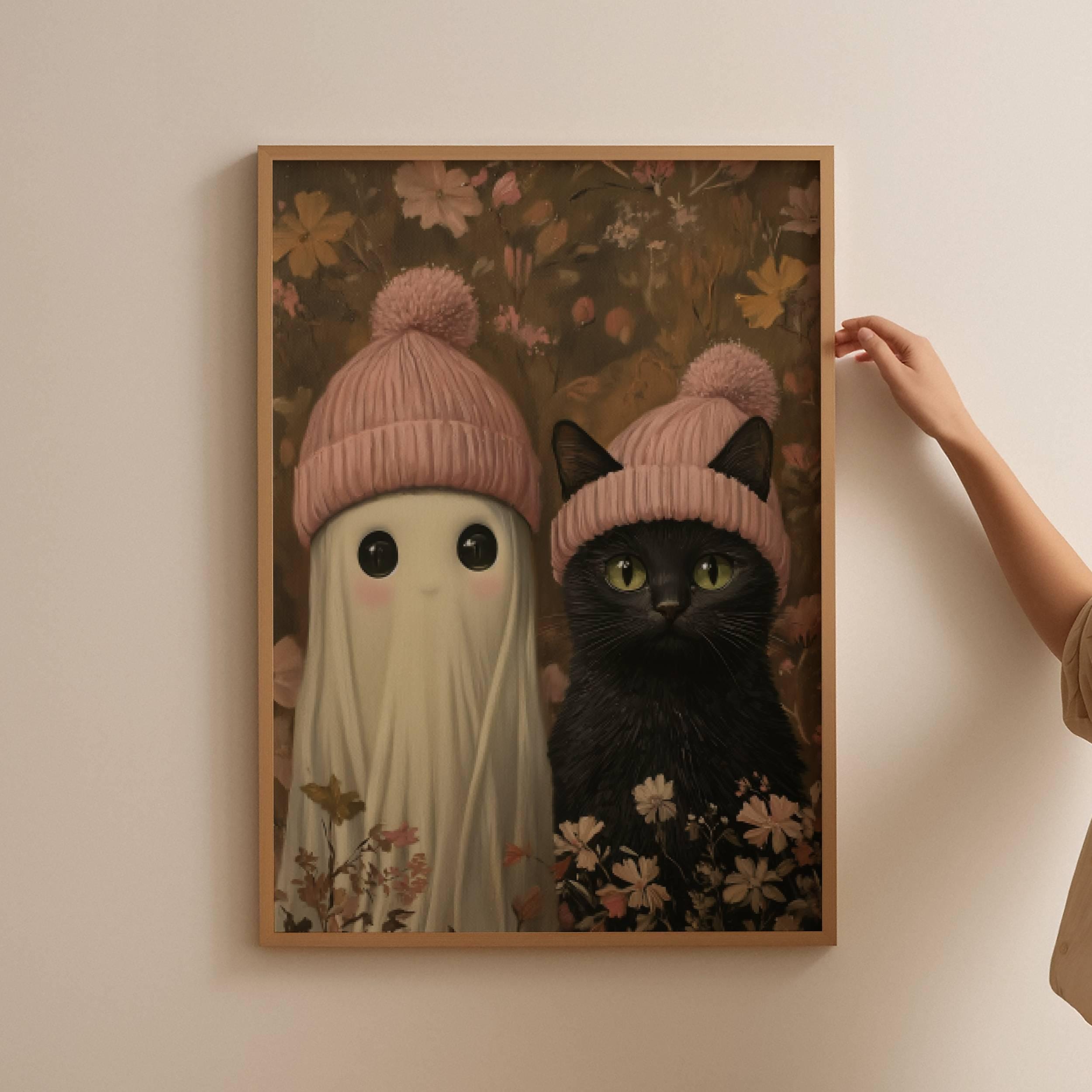 Ghost and Black Cat in Pink Beanies, Cute Print, Spooky Halloween Wall ...