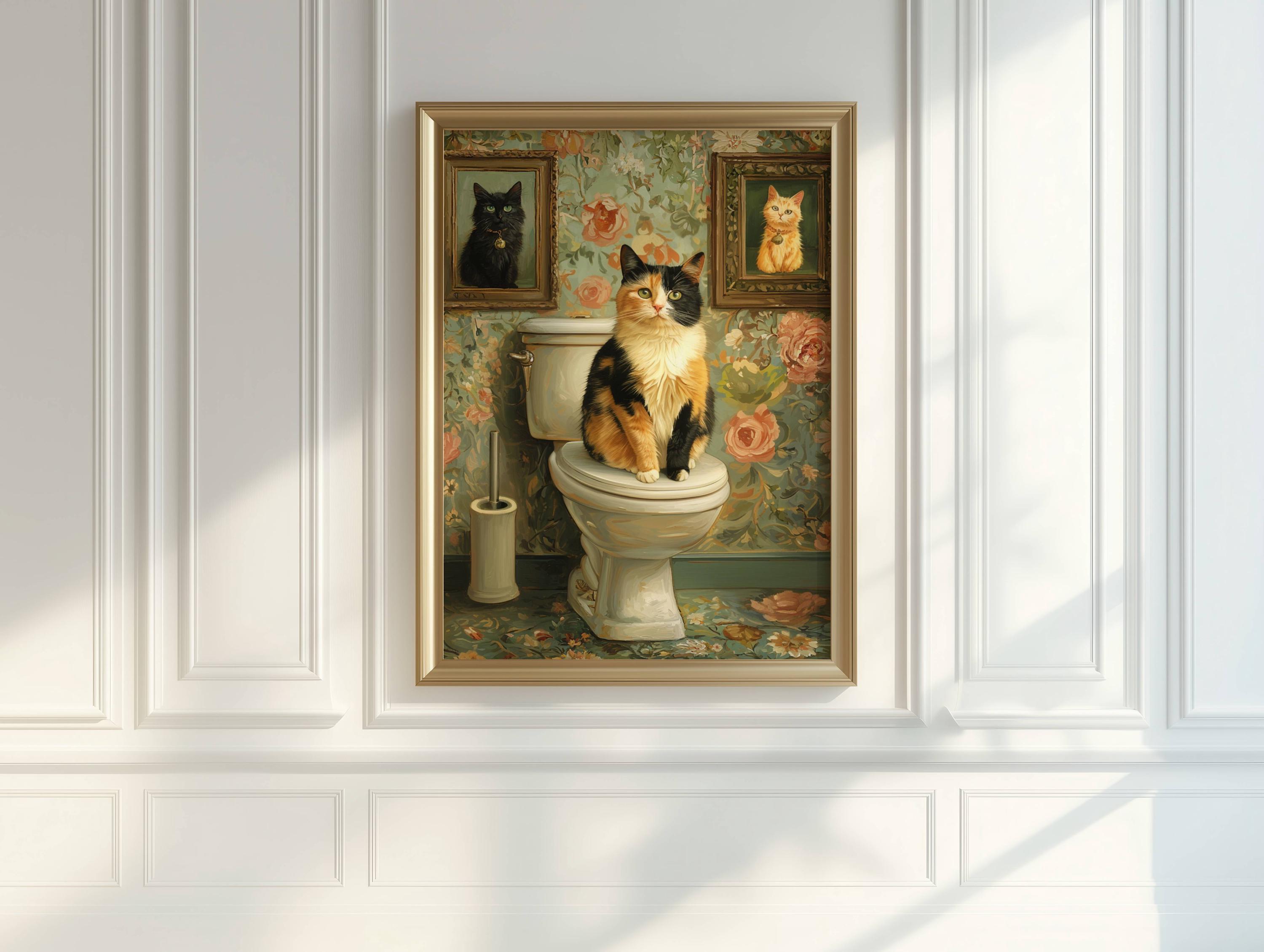 Calico Cat on Toilet Poster, Funny Bathroom Wall Art With Vintage ...