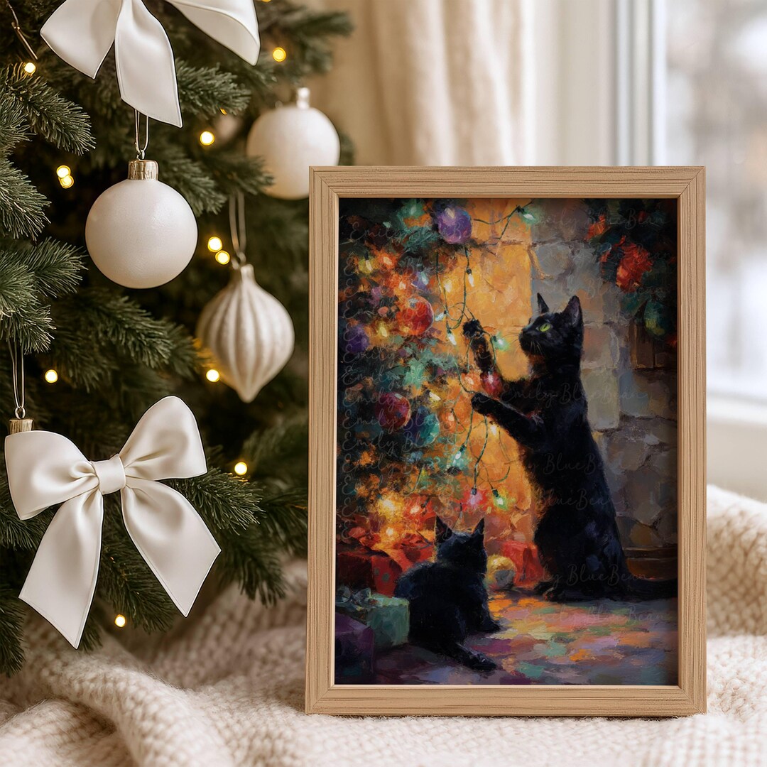 Black Cat Christmas Wall Art Poster Print, Playful Cats With Holiday ...