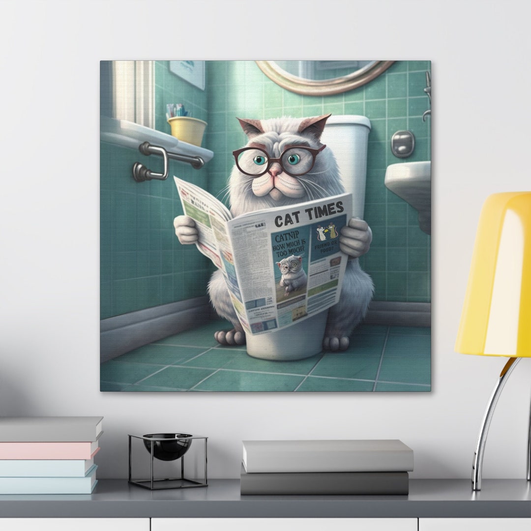Funny Cat Bathroom Canvas Wall Art, Cat Lover Art Gift, Restroom Cat ...