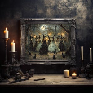 May include: A framed painting depicts a gathering of witches in a forest, surrounded by black cats. The painting is set on a wooden table with lit candles in ornate holders. The scene has a dark, gothic aesthetic.