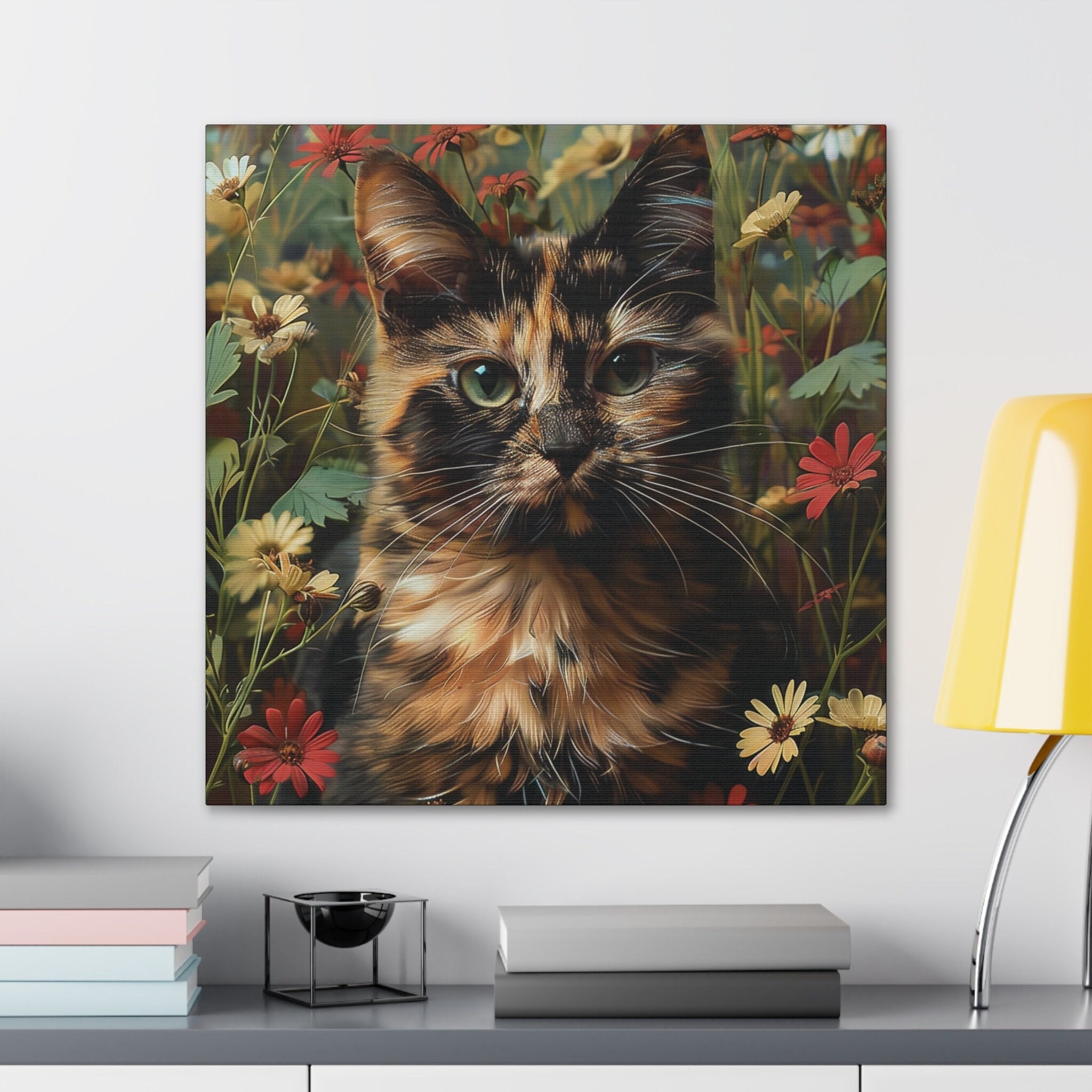 Tortoiseshell Cat Wildflower Canvas Wall Art, Cat Mom Gift Art, Cute