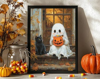 May include: A framed Halloween-themed artwork depicts a friendly ghost holding a jack-o'-lantern bucket filled with candy, sitting next to a black cat on a porch. Autumn leaves and a pumpkin are also visible.