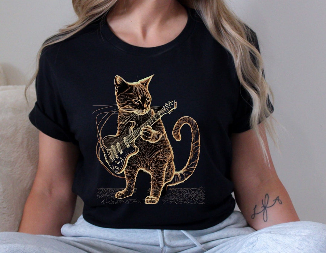 Cat Playing Guitar T-shirt, Cat Rocker Shirt Gift for Cat Mom or Cat ...