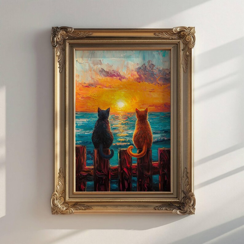 May include: A painting of two cats sitting on a wooden fence overlooking a sunset over the ocean. The cat on the left is black and the cat on the right is orange.