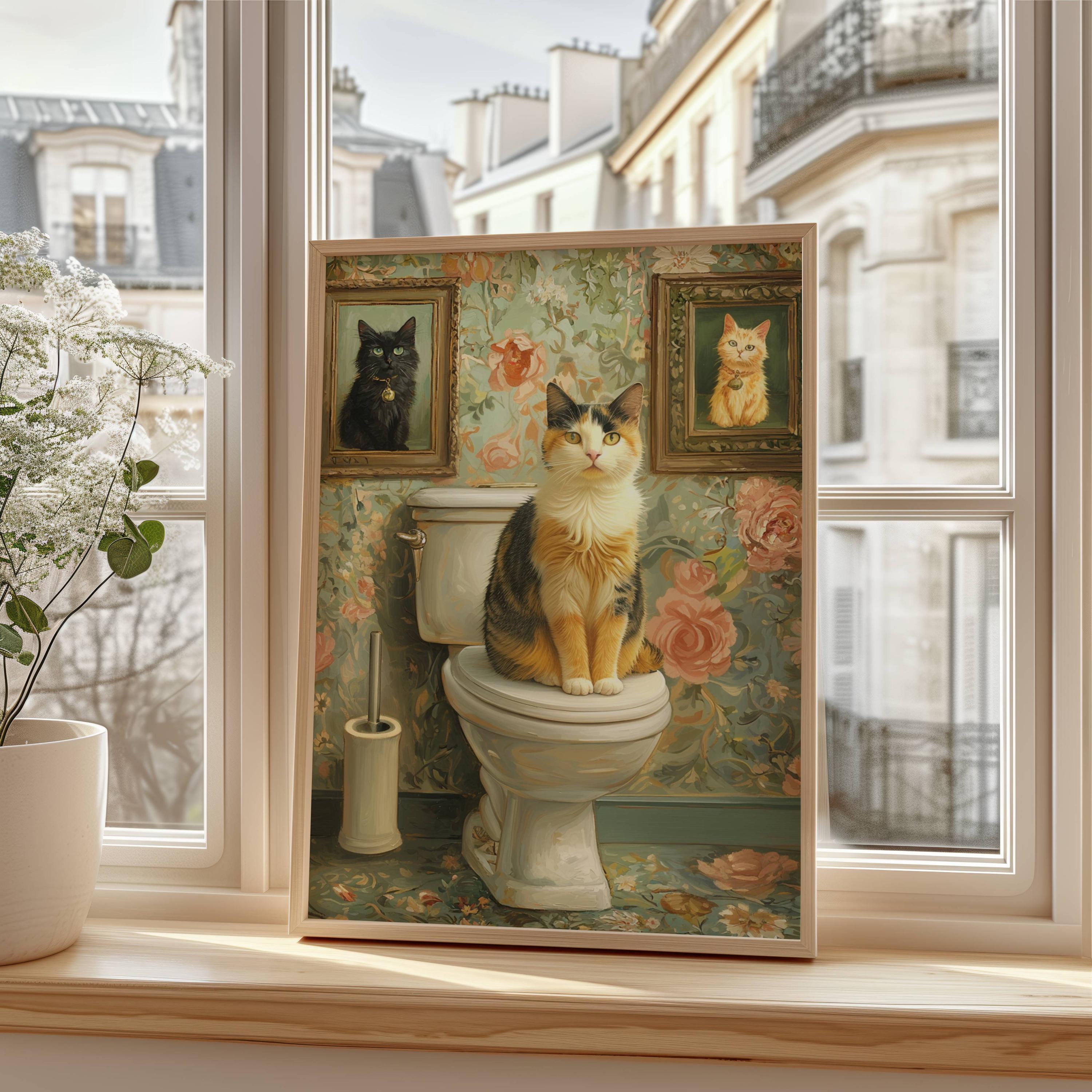 Calico Cat on Toilet Poster, Funny Bathroom Wall Art With Vintage ...