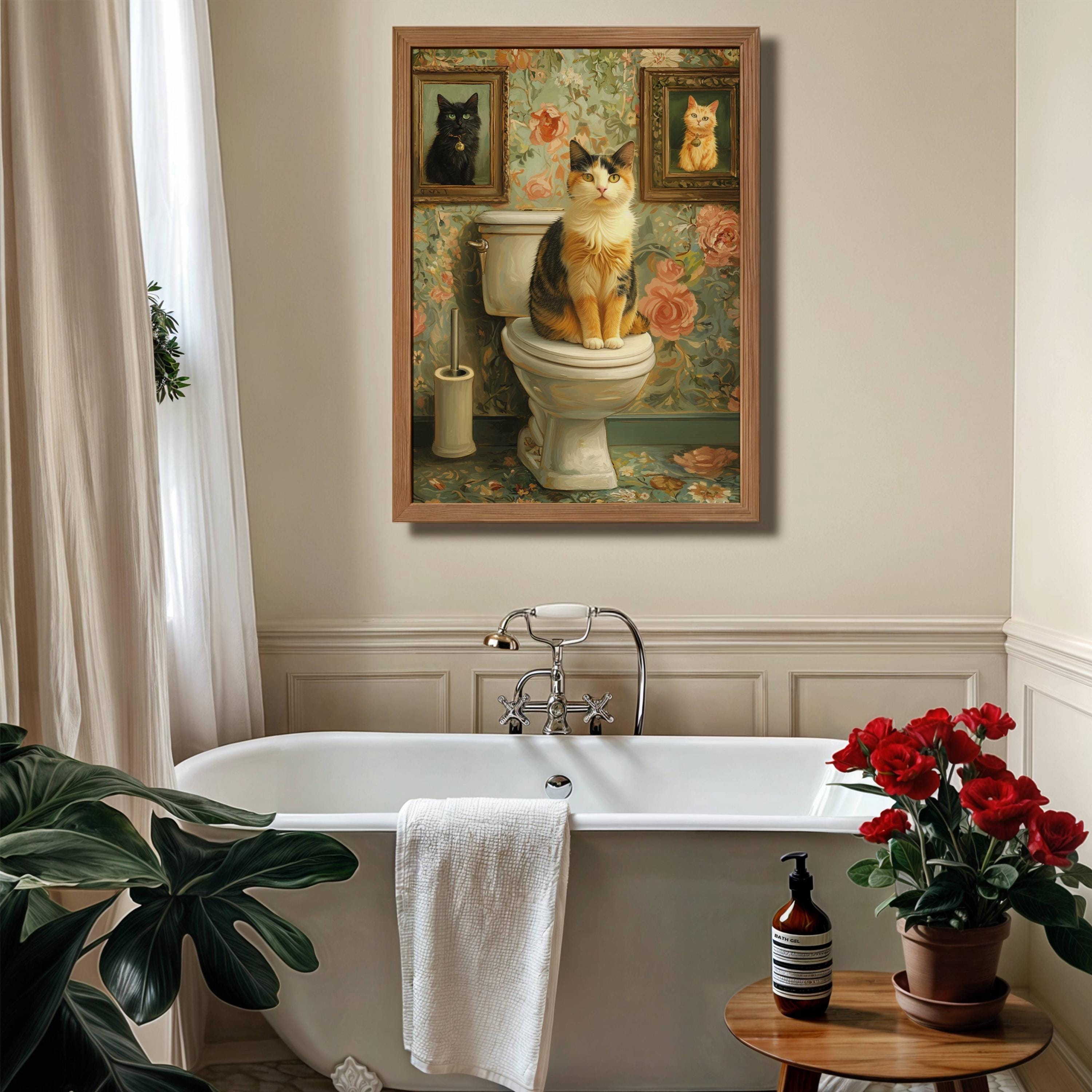 Calico Cat on Toilet Poster, Funny Bathroom Wall Art With Vintage ...