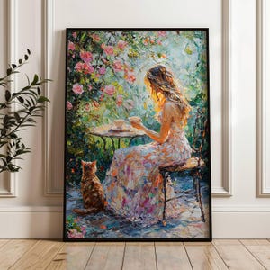 Woman and Cat Garden Tea Party Poster, Romantic Home Decor, Spring Floral Cat Art, UNFRAMED