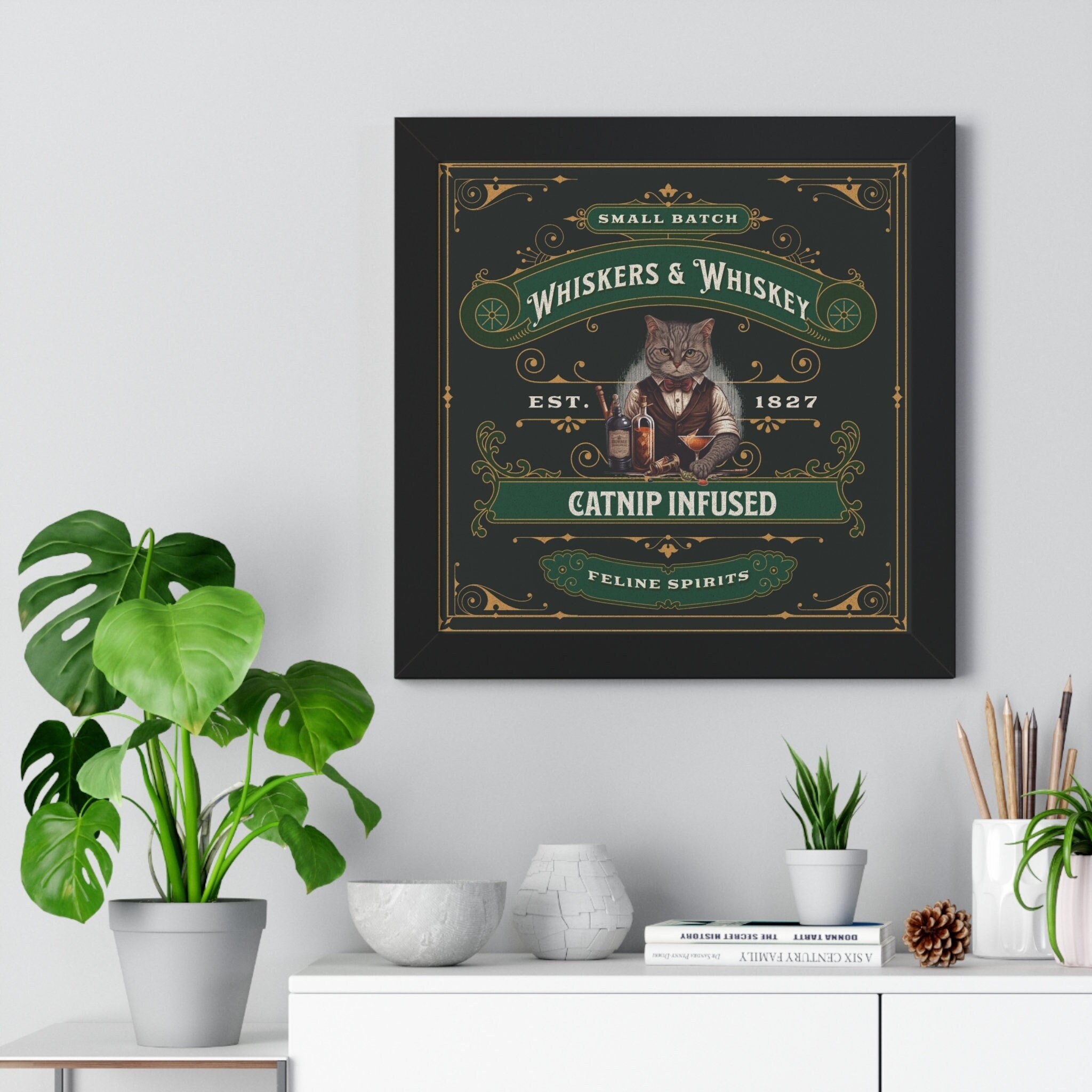 Whiskers and Whiskey Cat Dad Framed Poster, Man Cave Cat Art, Cat Lover