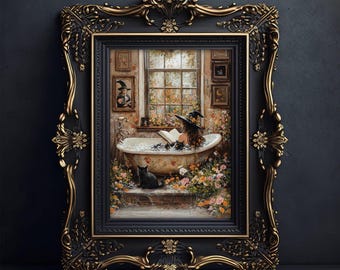 Póster de bruja leyendo un libro en un baño de burbujas, arte de Halloween de brujas con burbujas en el baño, impresión de gato negro, decoración de baño de Whimsigoth, SIN MARCO