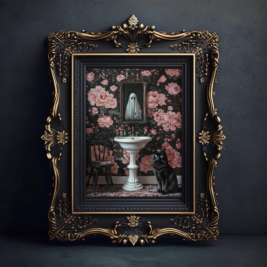 Ghost and Cat in Bathroom, Spooky Bathroom Halloween Art, Black Cat ...