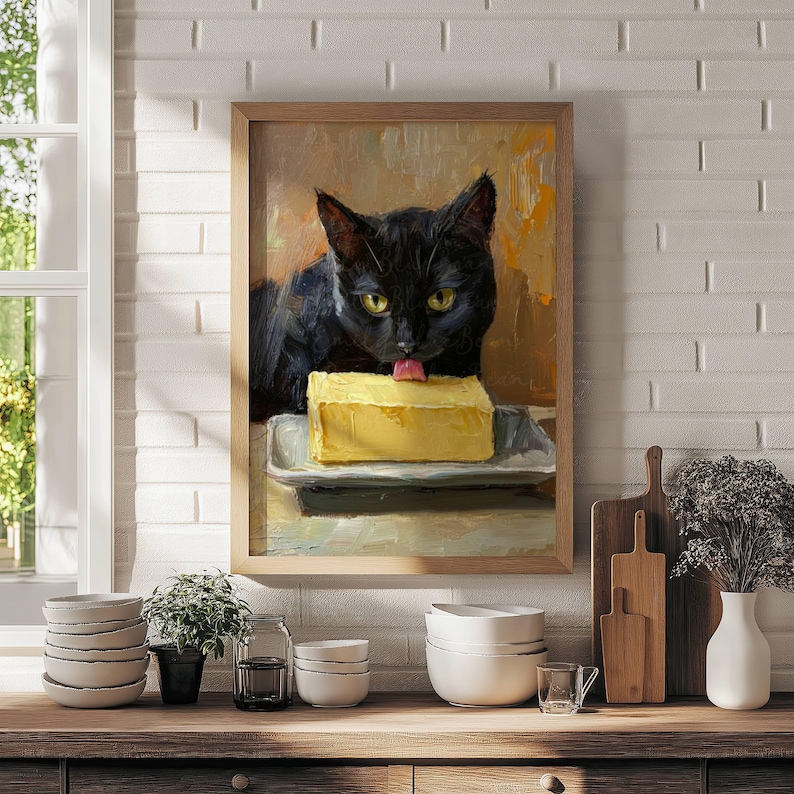 black cat chef art print: boho kitchen cooking poster... Butter Thief Black Cat Wall Art Poster, Whimsical Cat Kitchen Print ...
