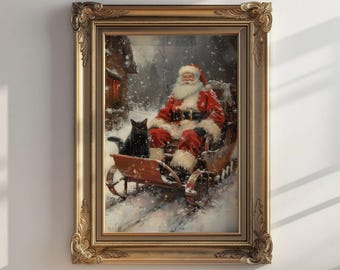 May include: A framed painting of Santa Claus riding in a sleigh pulled by a black cat through a snowy winter scene. The painting is in a gold frame with ornate details.