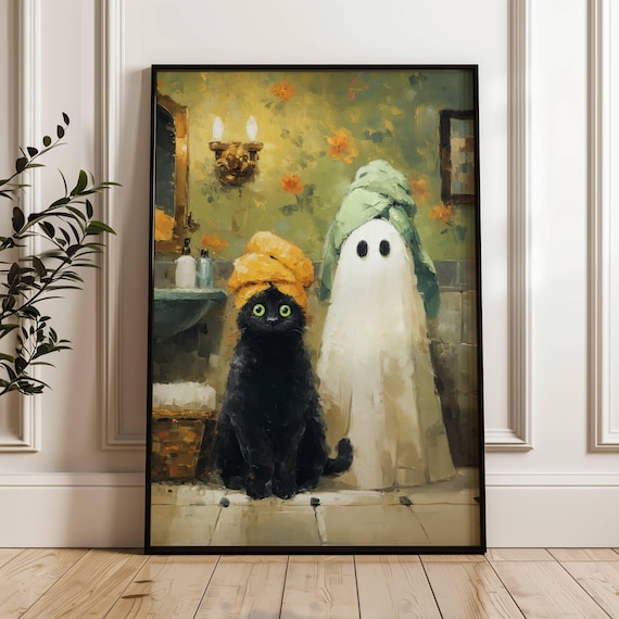 Farmhouse Goth Black Cat and Ghost Wall Art Poster, Rustic Cozy Halloween Bathroom Print, Cat Lover Gift, Whimsigoth Decor, UNFRAMED