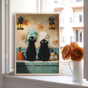 Black Cats in Bathroom Poster, Funny Bathroom Wall Art ,Cute Cat Bath Decor for Cat Lovers, Quirky Home Decor Gift for Pet Owners, UNFRAMED