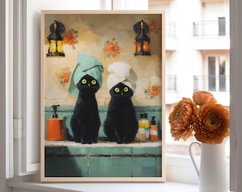 Zwarte katten in badkamer poster, grappige badkamer kunst aan de muur, schattige kat bad decor voor kattenliefhebbers, eigenzinnig interieur cadeau voor eigenaren van gezelschapsdieren, INGELIJSTE