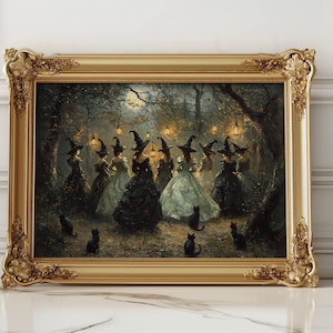 May include: A framed painting depicts a gathering of witches in a moonlit forest. The witches, in dark gowns and pointed hats, are surrounded by black cats and lanterns. The ornate gold frame adds a touch of elegance to the spooky scene.