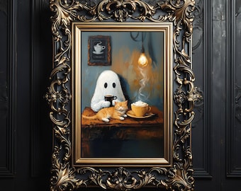 Poster pausa caffè fantasma e gatto, stampa gatto arancione, arredamento cucina Whimsigoth, arte murale spettrale del caffè, arte gatto zenzero e fantasma, SENZA CORNICE