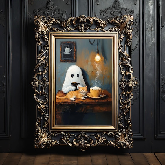 Ghost and Cat Coffee Break Poster, Orange Cat Print, Whimsigoth