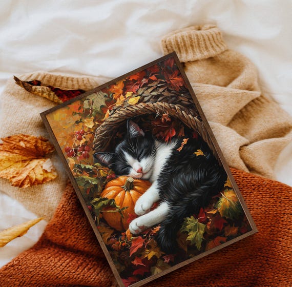Tuxedo Cat Thanksgiving Poster, Cat and Cornucopia Wall Art, Fall