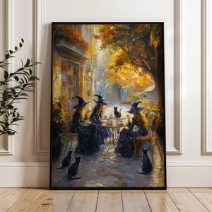 Witch Cafe Poster, Witchy Impressionist Print, Halloween Witches and Black Cats Wall Art, Whimsigoth Art, Moody Wall Art, UNFRAMED