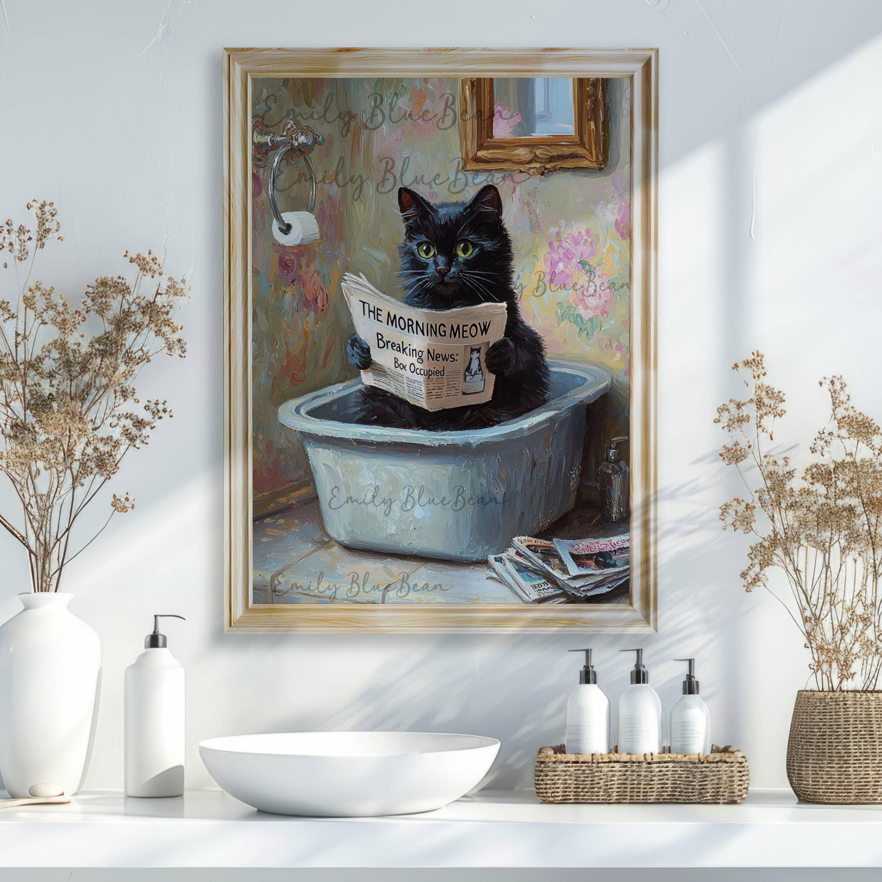 Black Cat Reading Newspaper in Litter Box Wall Art, Funny Cat Bathroom ...