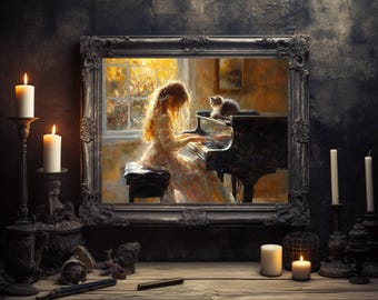 Girl Playing Piano With Her Cat Poster, Music Room Decor, Pianist
