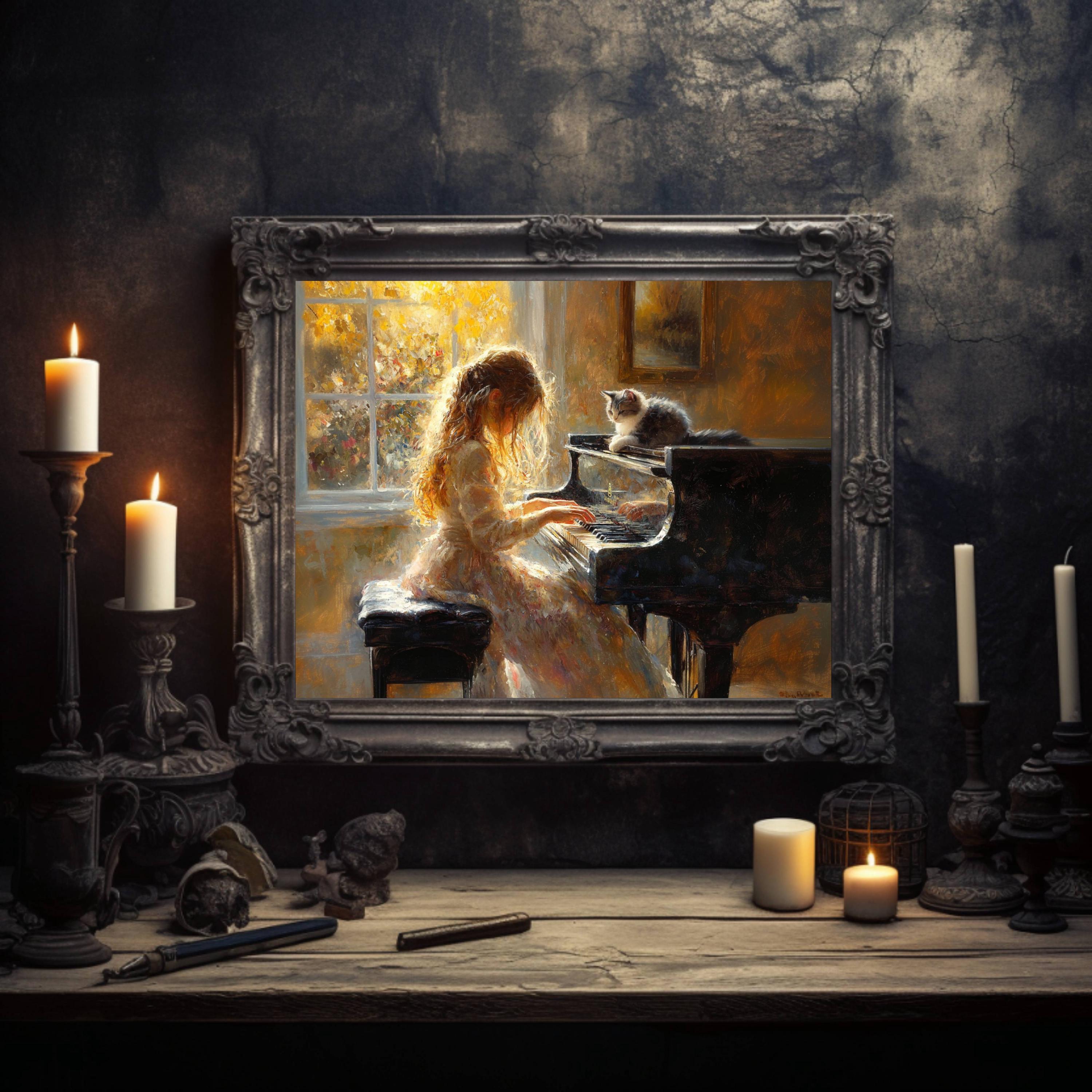 Girl Playing Piano With Her Cat Poster, Music Room Decor, Pianist