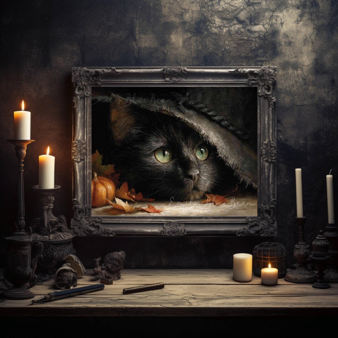 Black Cat in Witch Hat, Halloween Cat Art Print, Spooky Fall Decor ...