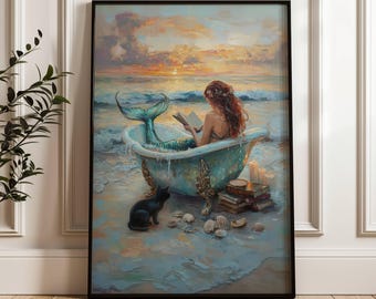 Mermaid Reading Book in Ocean Bathtub with Black Cat Poster, Coastal Wall Art, Beach Home Decor, Nautical Print, Book Lover Gift, UNFRAMED