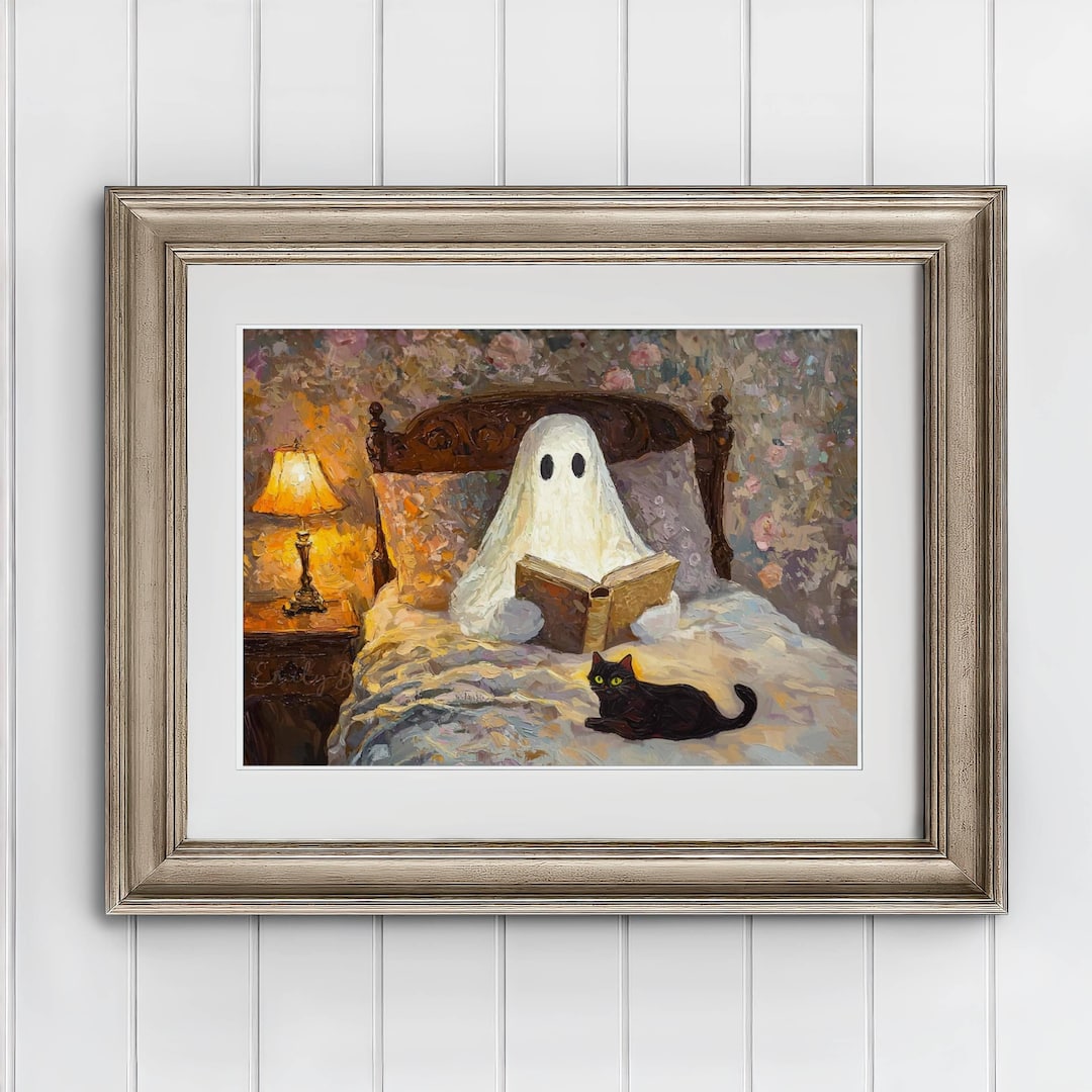 Cozy Ghost Reading in Bed With Black Cat | Whimsigoth Wall Art | Warm ...