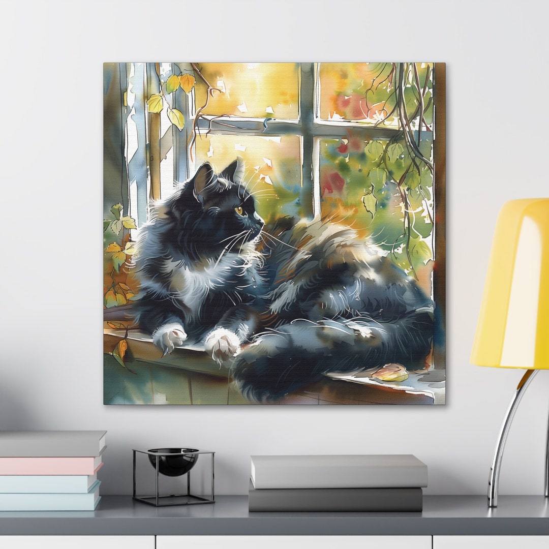 Tuxedo Cat in Window Wall Art Canvas, Cat Lover Gift, Black and White ...