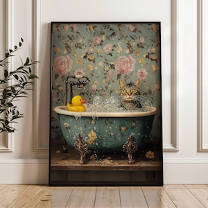 Gray Tabby Cat with Rubber Duck in Bathtub Poster, Feline Floral Bathroom Art, Tabby Cat Print, Kitty Bathroom Decor, UNFRAMED