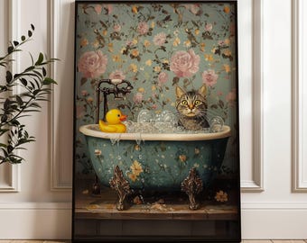 Gray Tabby Cat with Rubber Duck in Bathtub Poster, Feline Floral Bathroom Art, Tabby Cat Print, Kitty Bathroom Decor, UNFRAMED