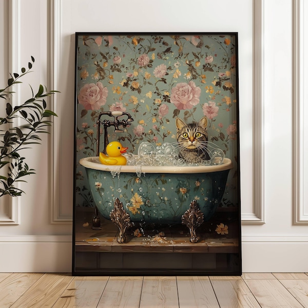 Gray Tabby Cat with Rubber Duck in Bathtub Poster, Feline Floral Bathroom Art, Tabby Cat Print, Kitty Bathroom Decor, UNFRAMED