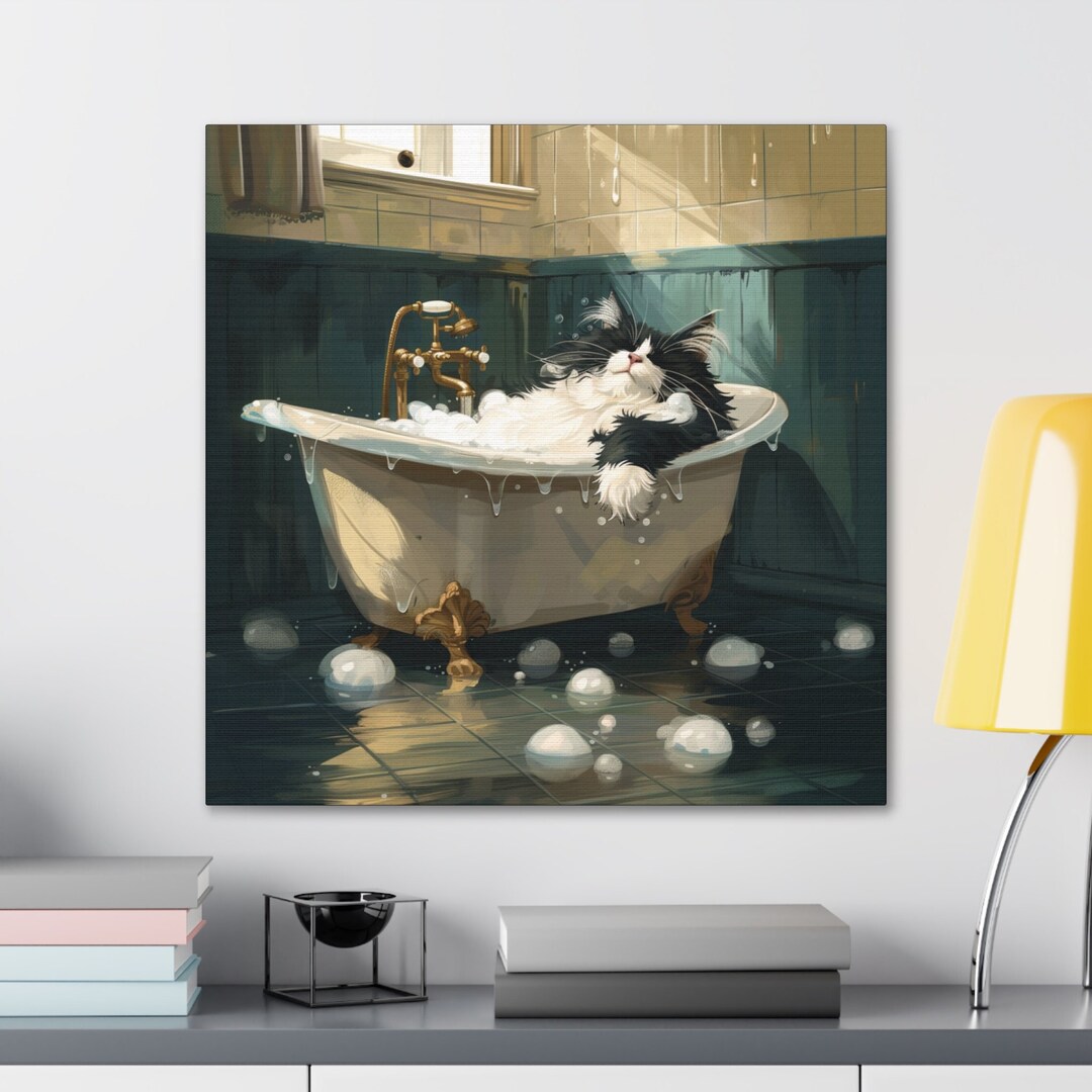 Tuxedo Cat in Bath Wall Art Canvas, Cat Bathroom Print, Black and White ...