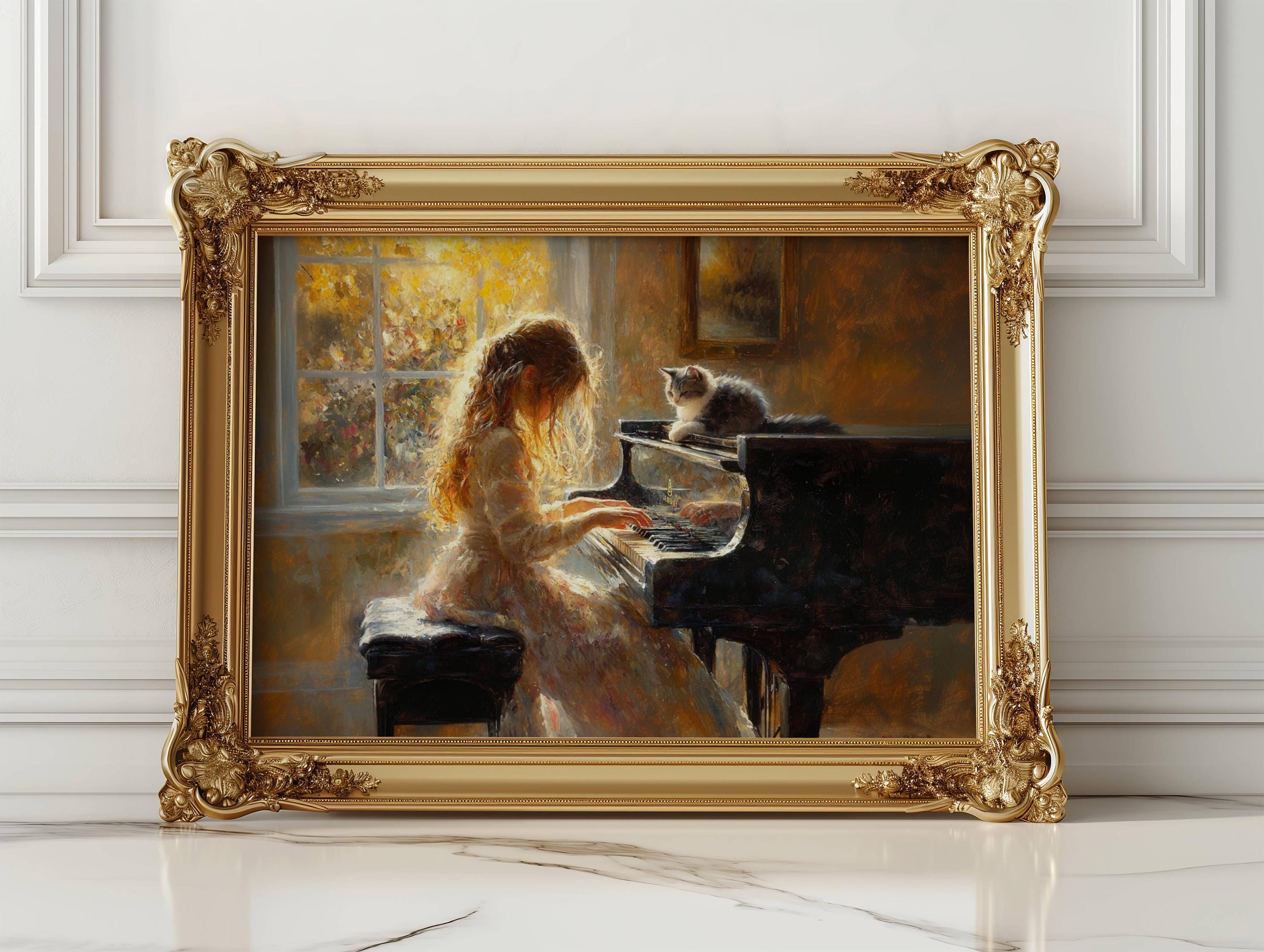 フランス製 トレー cat lady smoking playing piano Girl Playing Piano With Her Cat Poster, Music Room Decor, Pianist