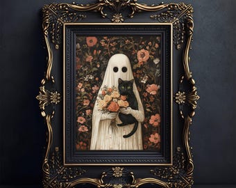 Ghost and Black Cat with Rose Bouquet Poster, Spooky Floral Halloween Art, Black Cat Print, Whimsigoth Home Decor, UNFRAMED