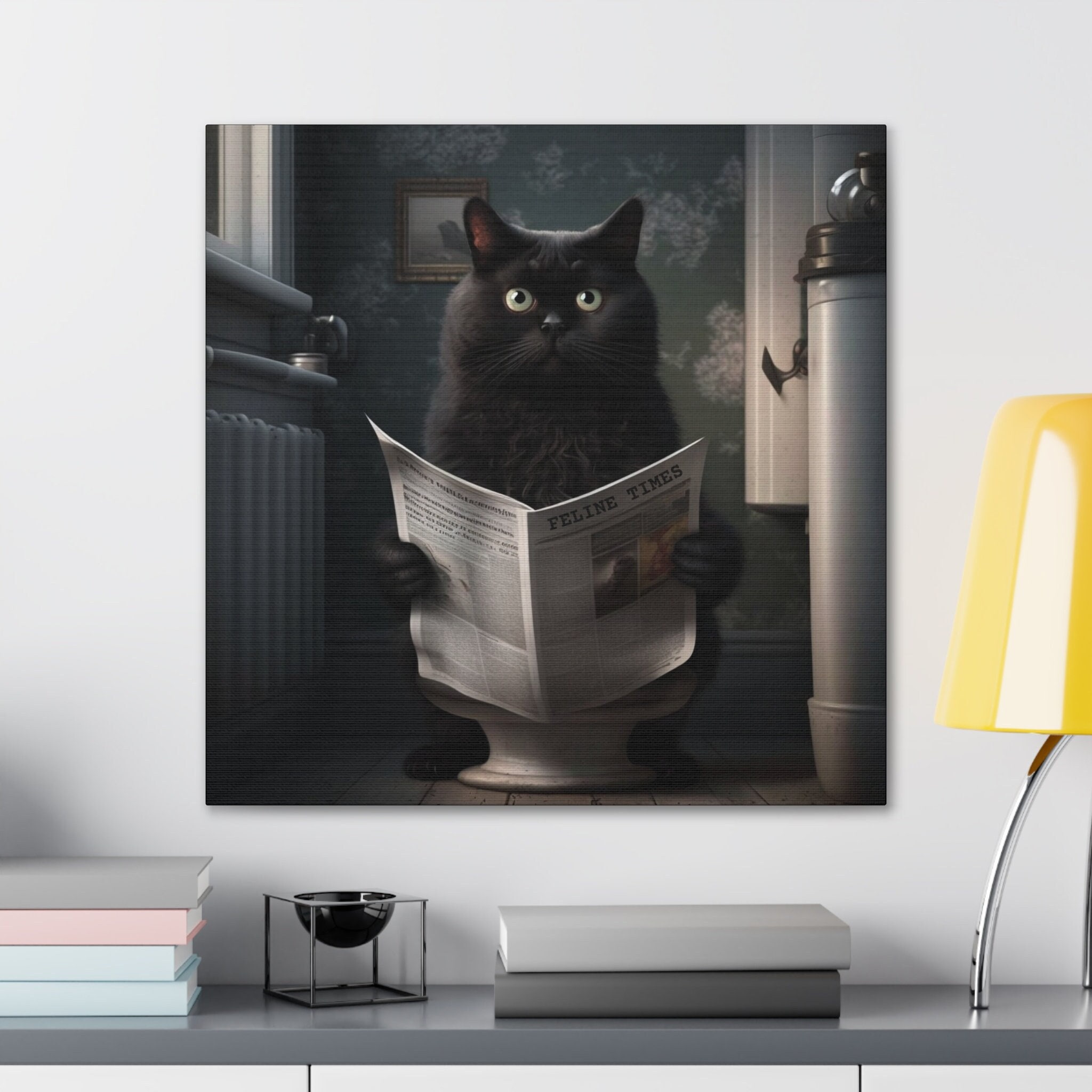 Black Cat Bathroom Wall Art Canvas, Cat Lover Wall Art Gift, Funny Cat ...