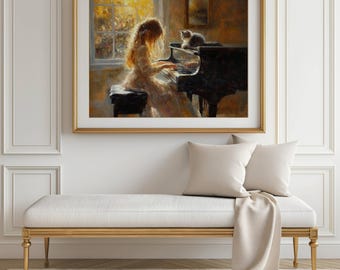 Girl Playing Piano With Her Cat Poster, Music Room Decor, Pianist