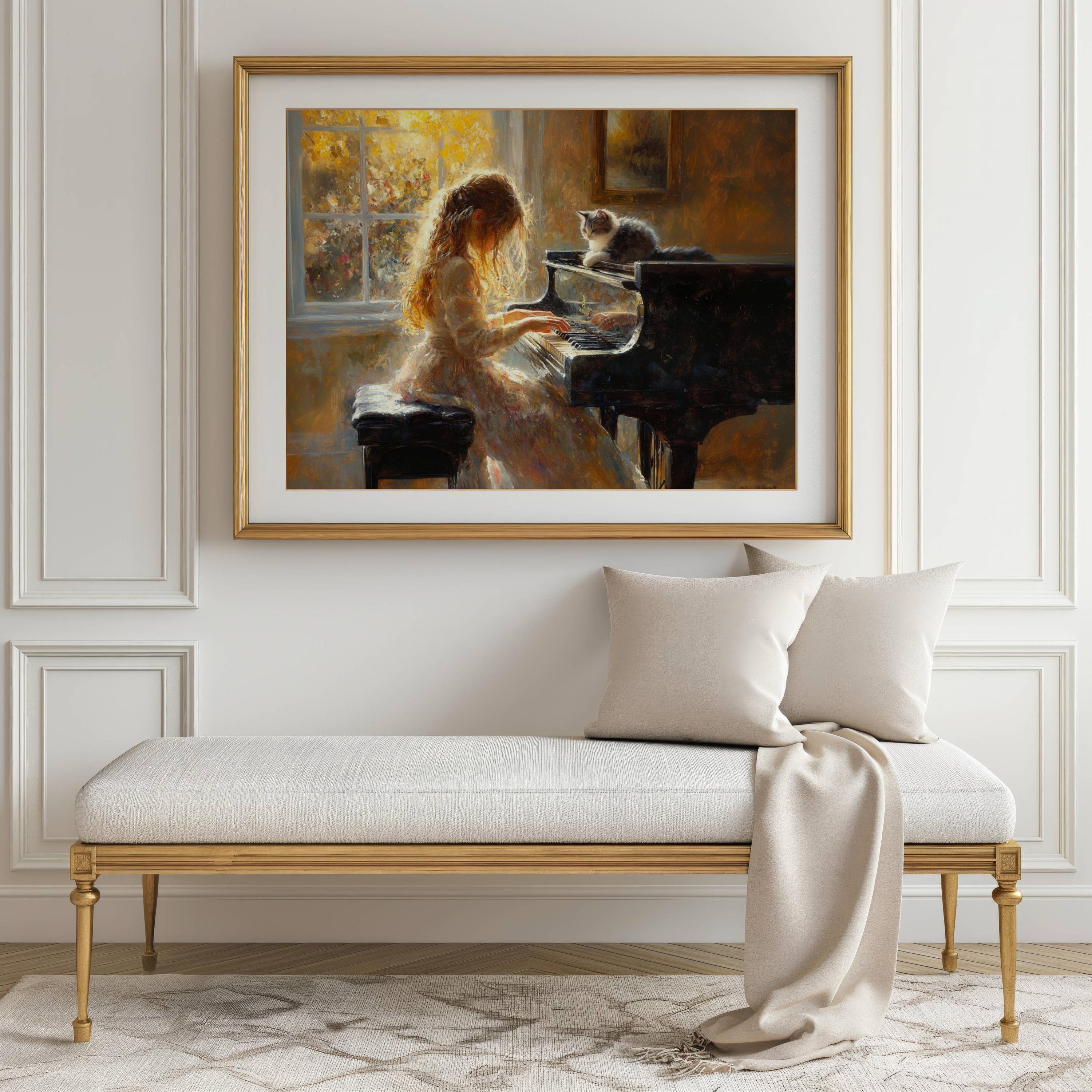 Girl Playing Piano With Her Cat Poster, Music Room Decor, Pianist