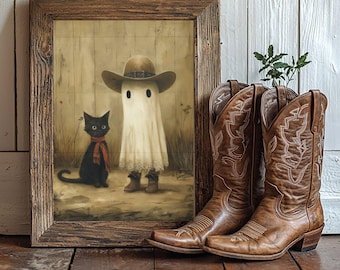 Può includere: Un'opera d'arte incorniciata raffigura un fantasma con cappello e stivali da cowboy, con un gatto nero con una sciarpa rossa. Accanto all'opera, un paio di stivali da cowboy in pelle marrone con cuciture bianche. Una piccola pianta è tra gli stivali.