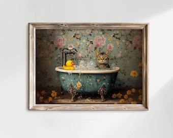 Grijze Cyperse kat met rubberen eend in bad poster, katachtige bloemen badkamer kunst, Cyperse kat print, Kitty badkamer decor, INGELIJSTE